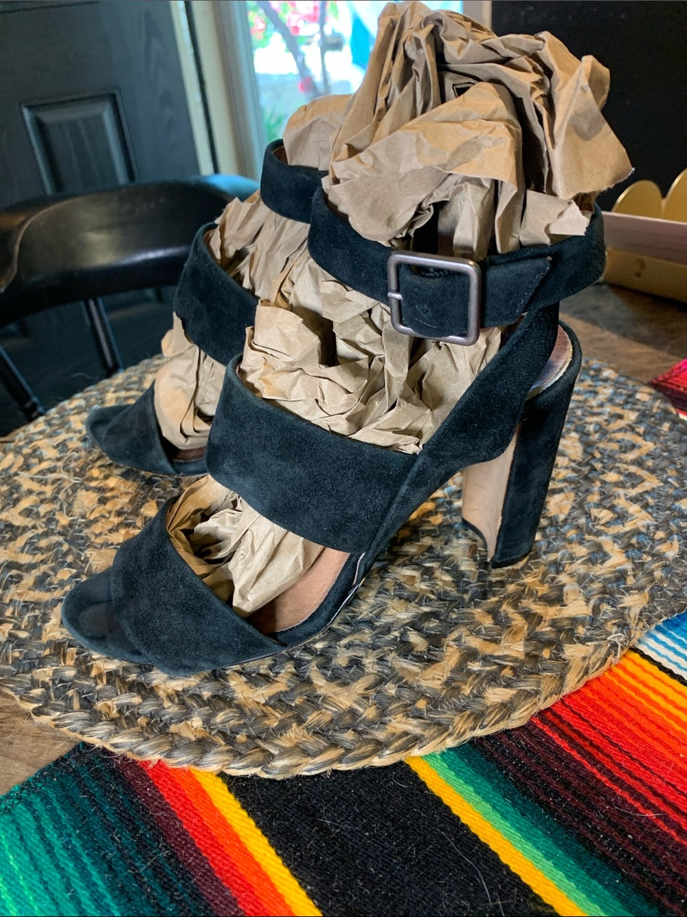 Madewell Triple Strap Black Suede High Heel Sandals